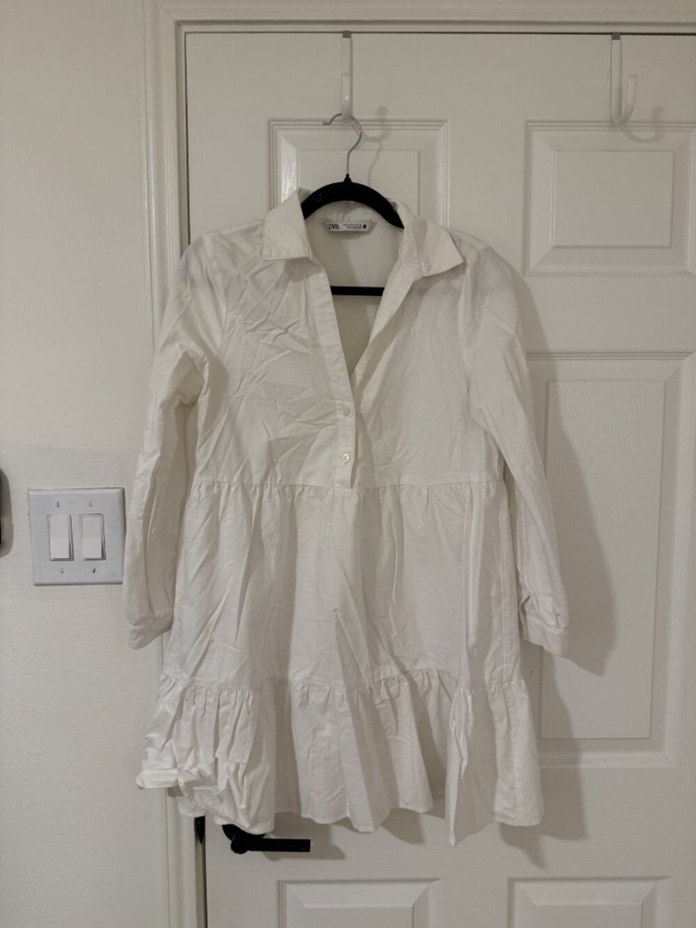Zara White Poplin Tiered Babydoll Mini Dress Collared Long Sleeve M